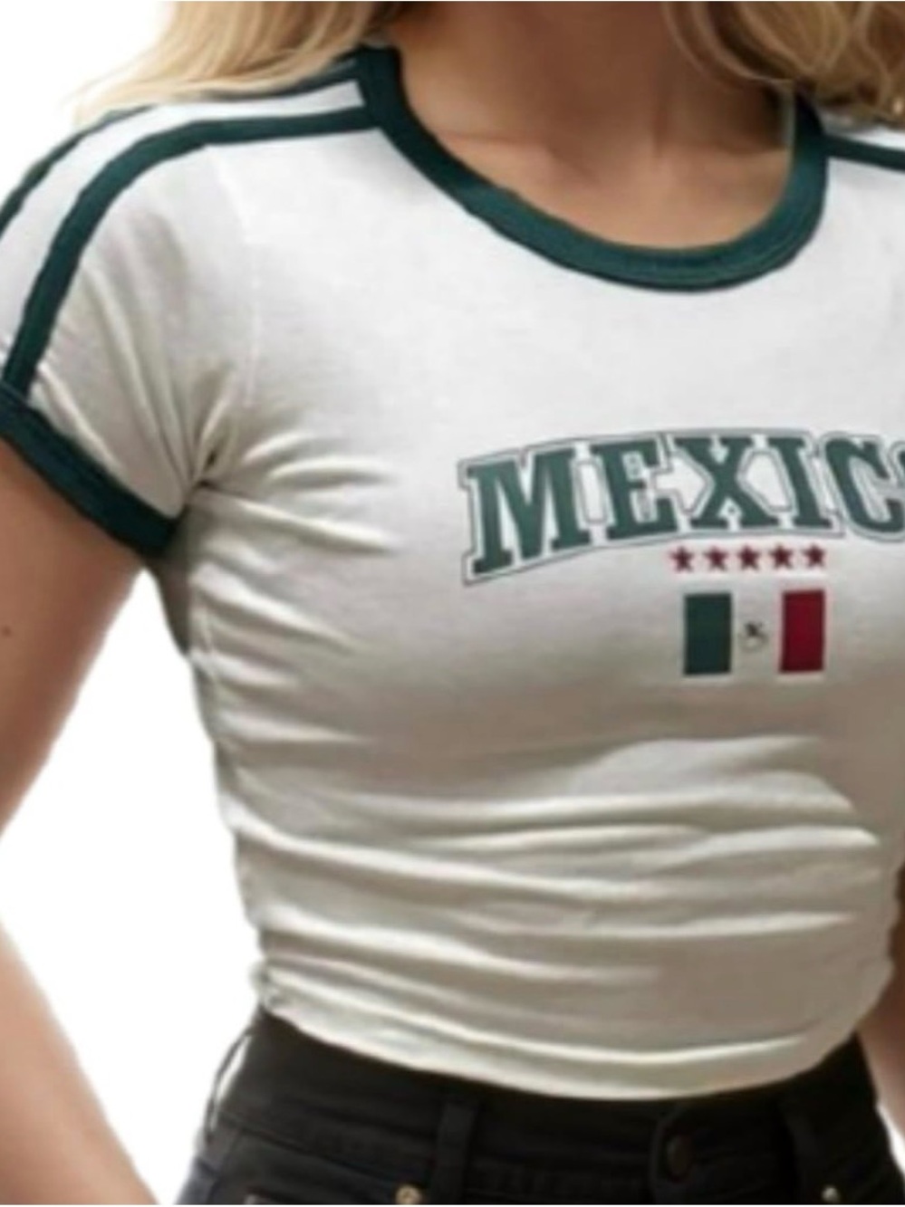 Mexico Graphic Ringer Tee - White with Green Trim